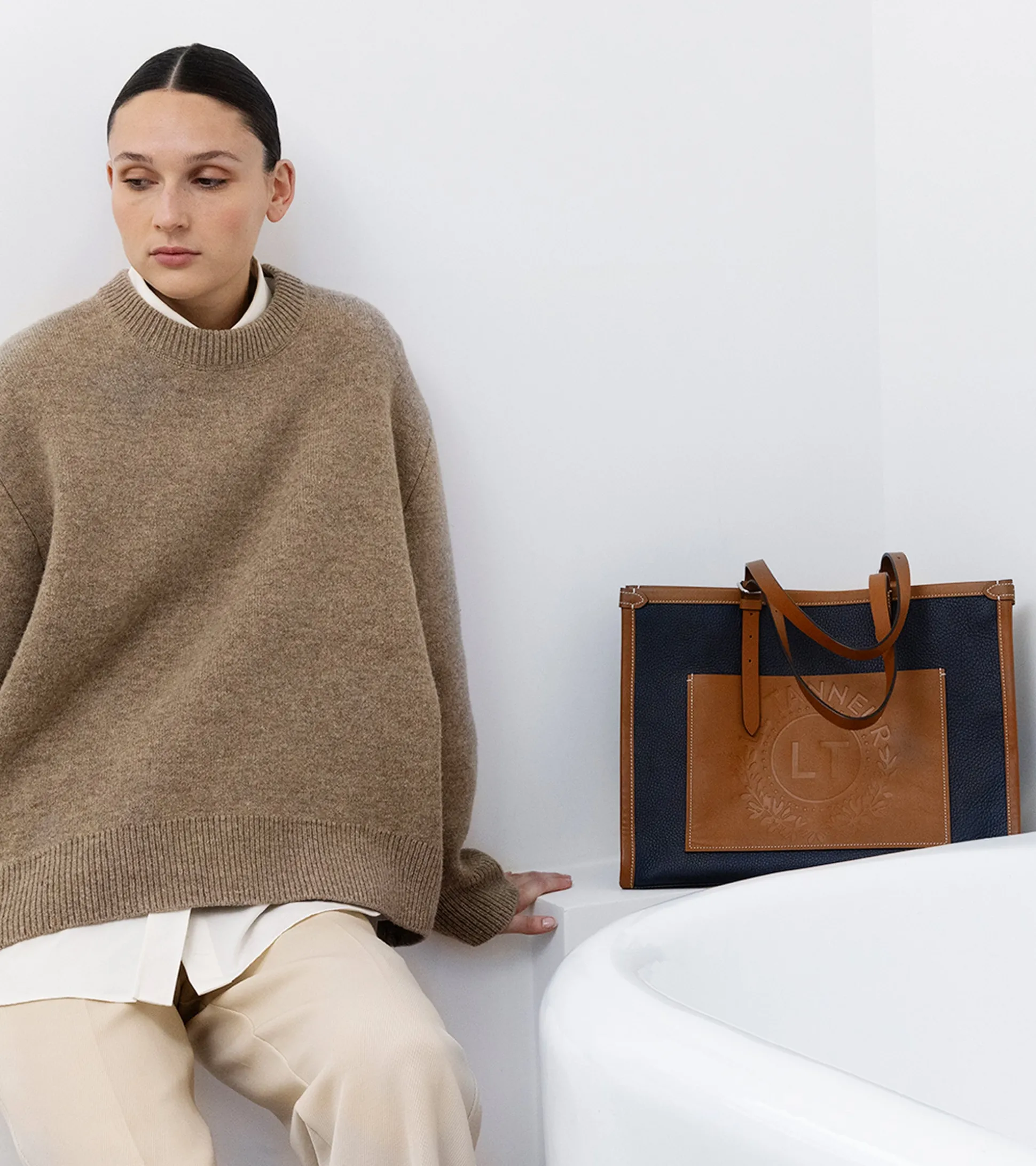 Grand sac cabas Le 125 en cuir grainé - Blue Twilight Brown Tan White Chalk