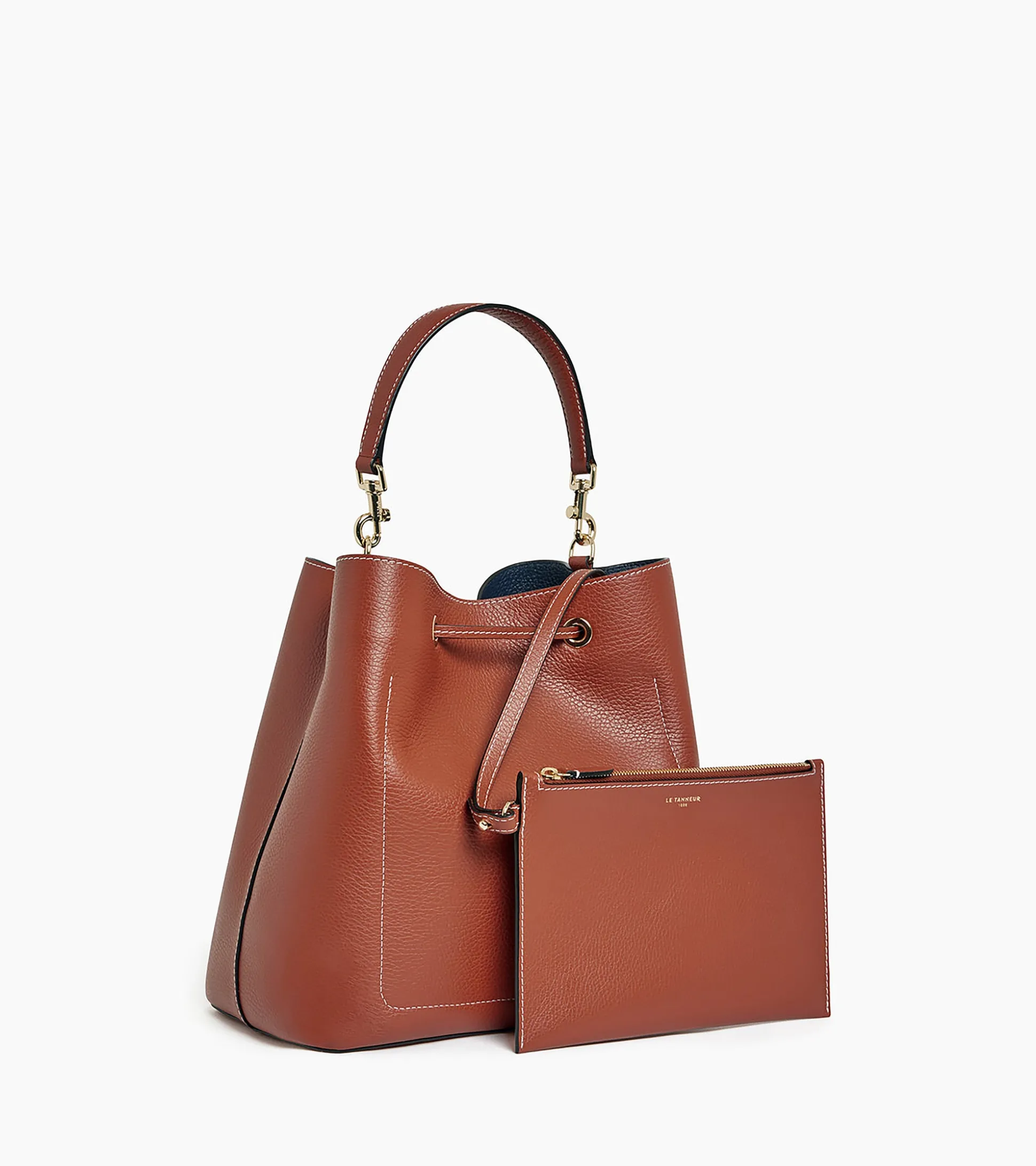 Grand sac seau Louise en cuir grainé - Mahogany Brown Twilight Blue