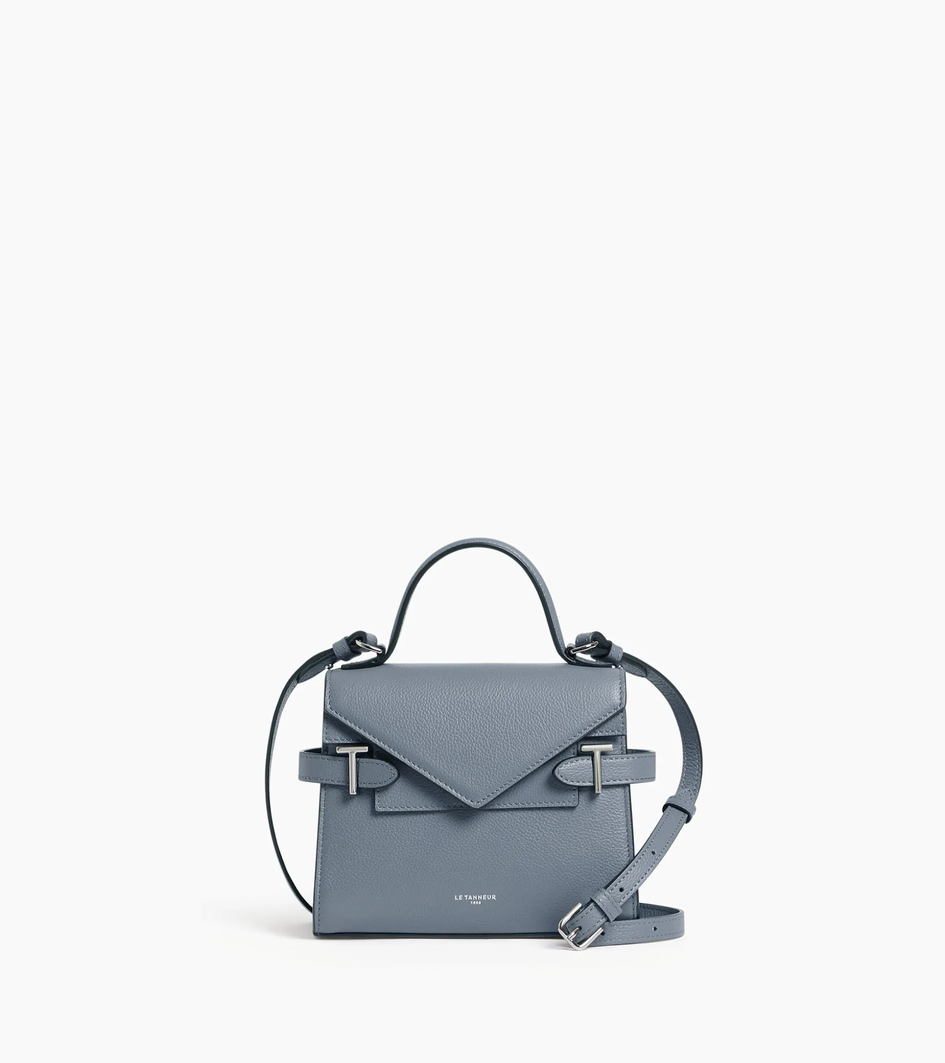 Petit sac à main double rabat Emilie en cuir grainé - BLEU ARGILE