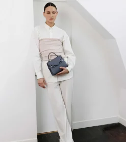 Petit sac à main double rabat Emilie en cuir grainé - BLEU ARGILE
