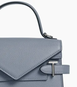 Petit sac à main double rabat Emilie en cuir grainé - BLEU ARGILE