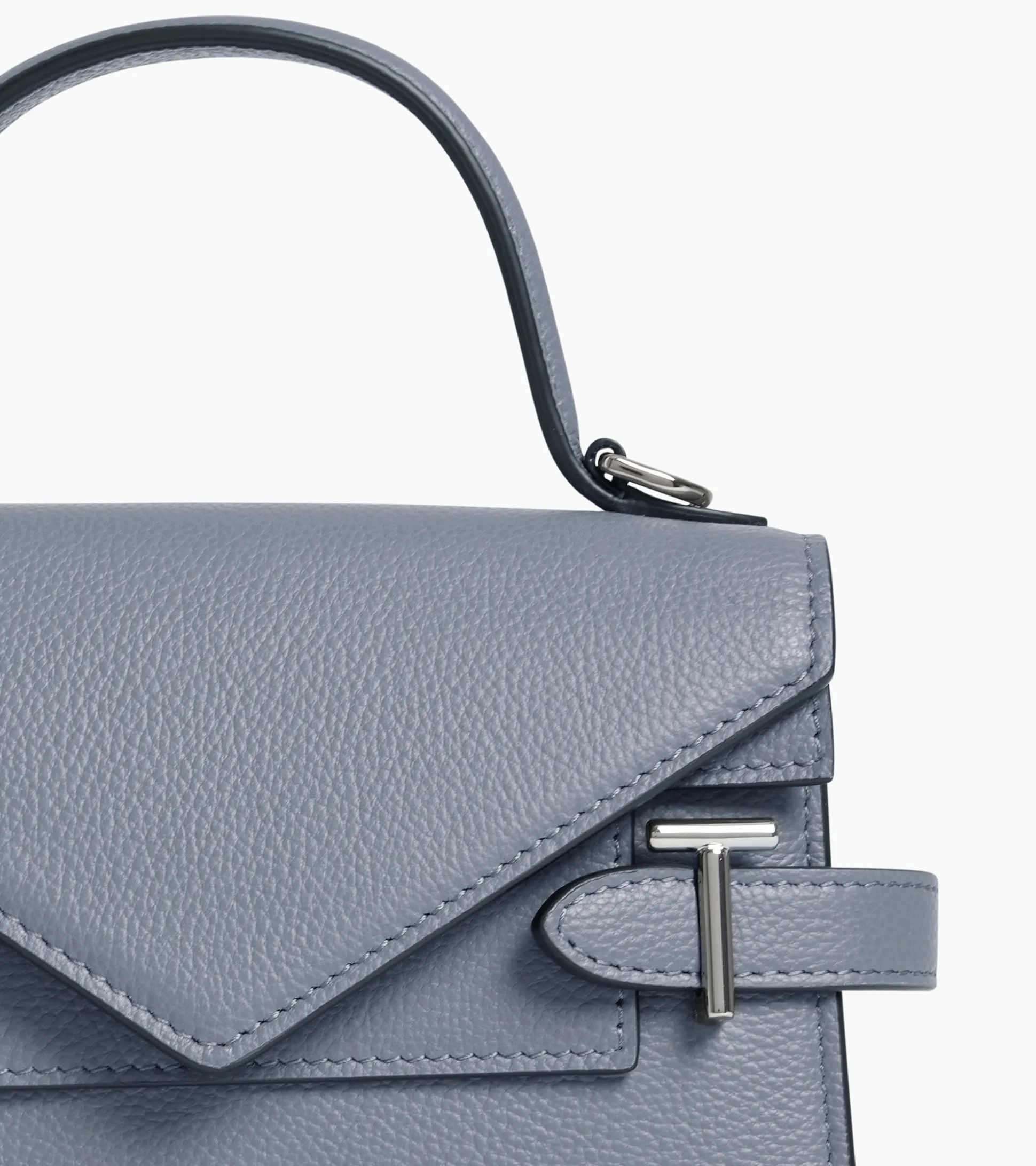 Petit sac à main double rabat Emilie en cuir grainé - BLEU ARGILE