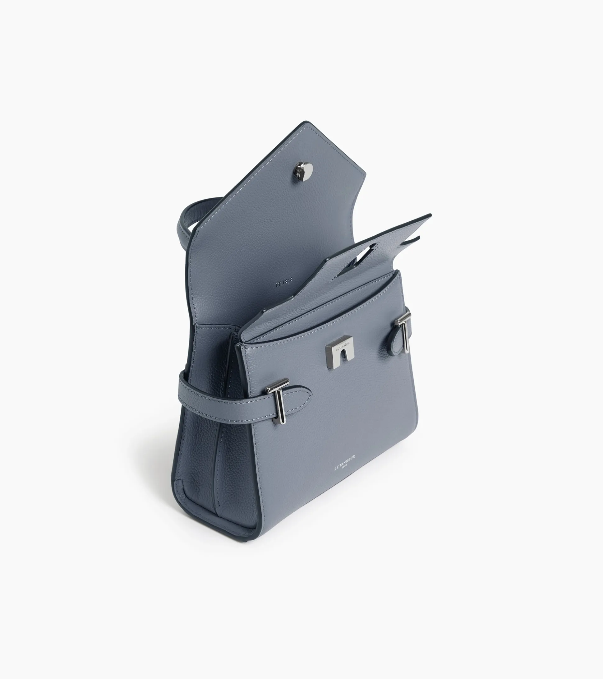 Petit sac à main double rabat Emilie en cuir grainé - BLEU ARGILE