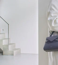 Petit sac à main double rabat Emilie en cuir grainé - BLEU ARGILE
