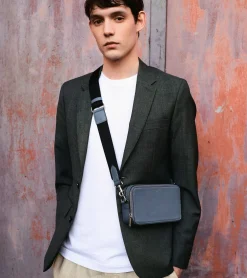 Petit sac bandoulière 2 compartiments Emile en cuir grainé - BLEU ARGILE