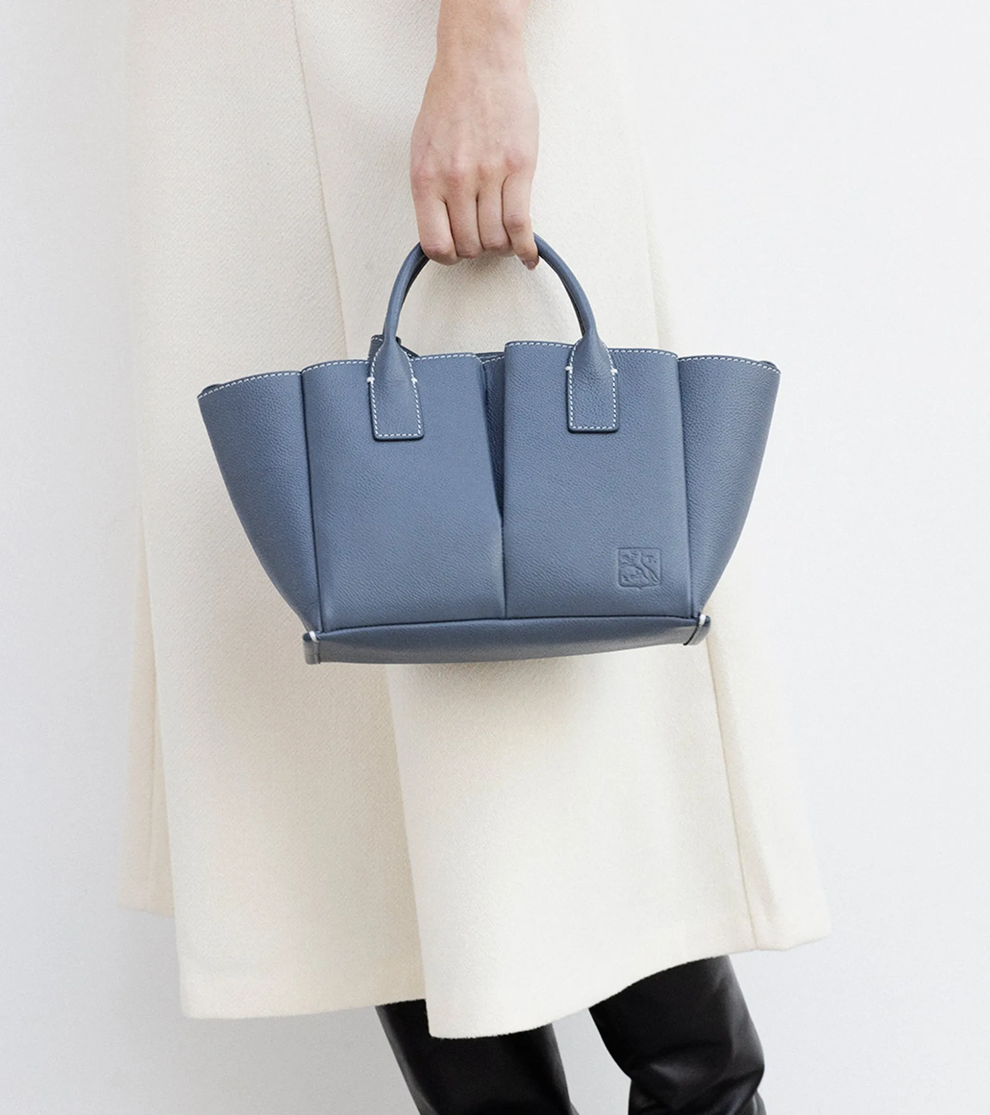 Petit sac cabas Elena en cuir grainé - BLEU ARGILE