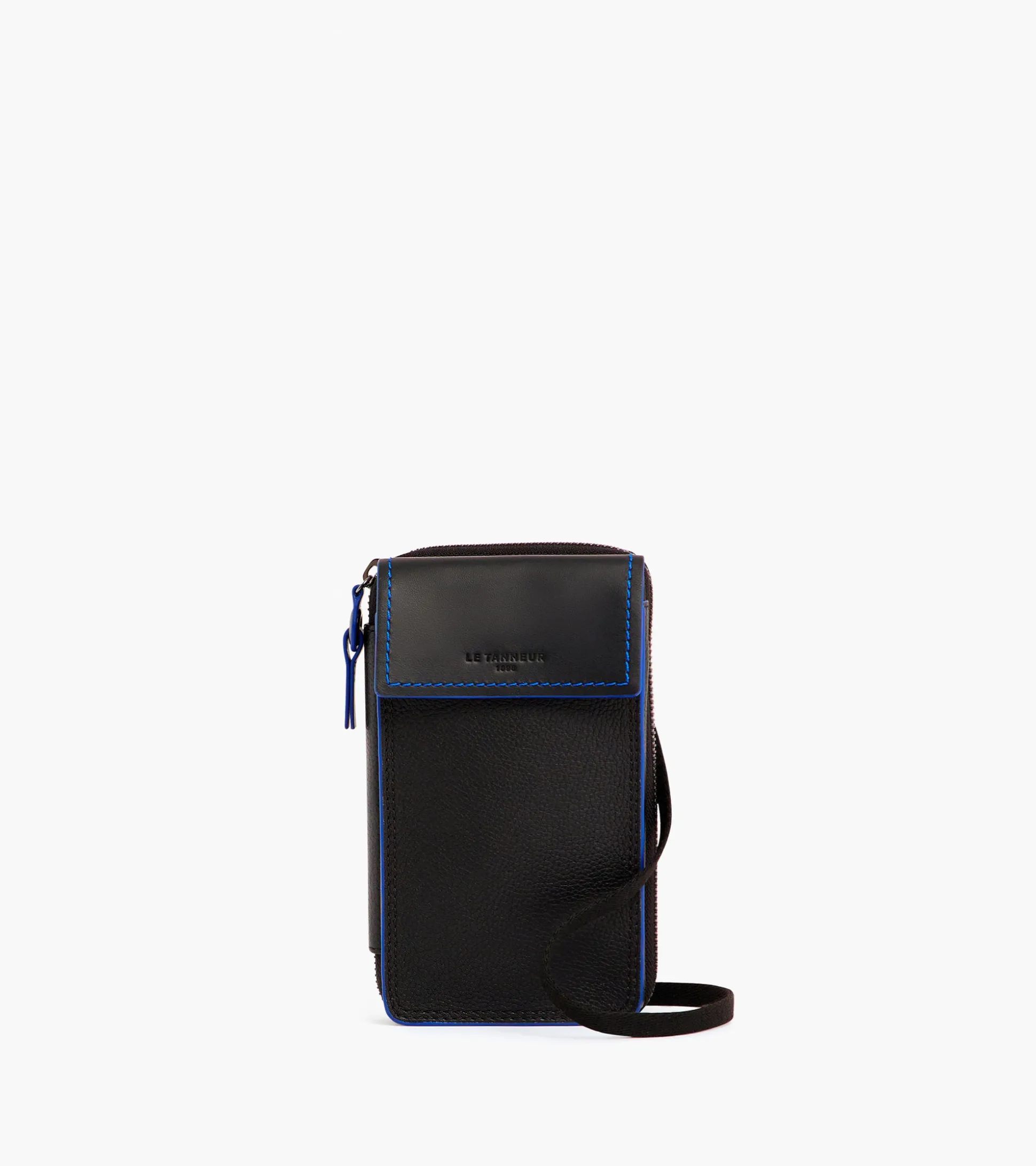 Pochette téléphone zippée tour de cou Alexis en cuir grainé - Black