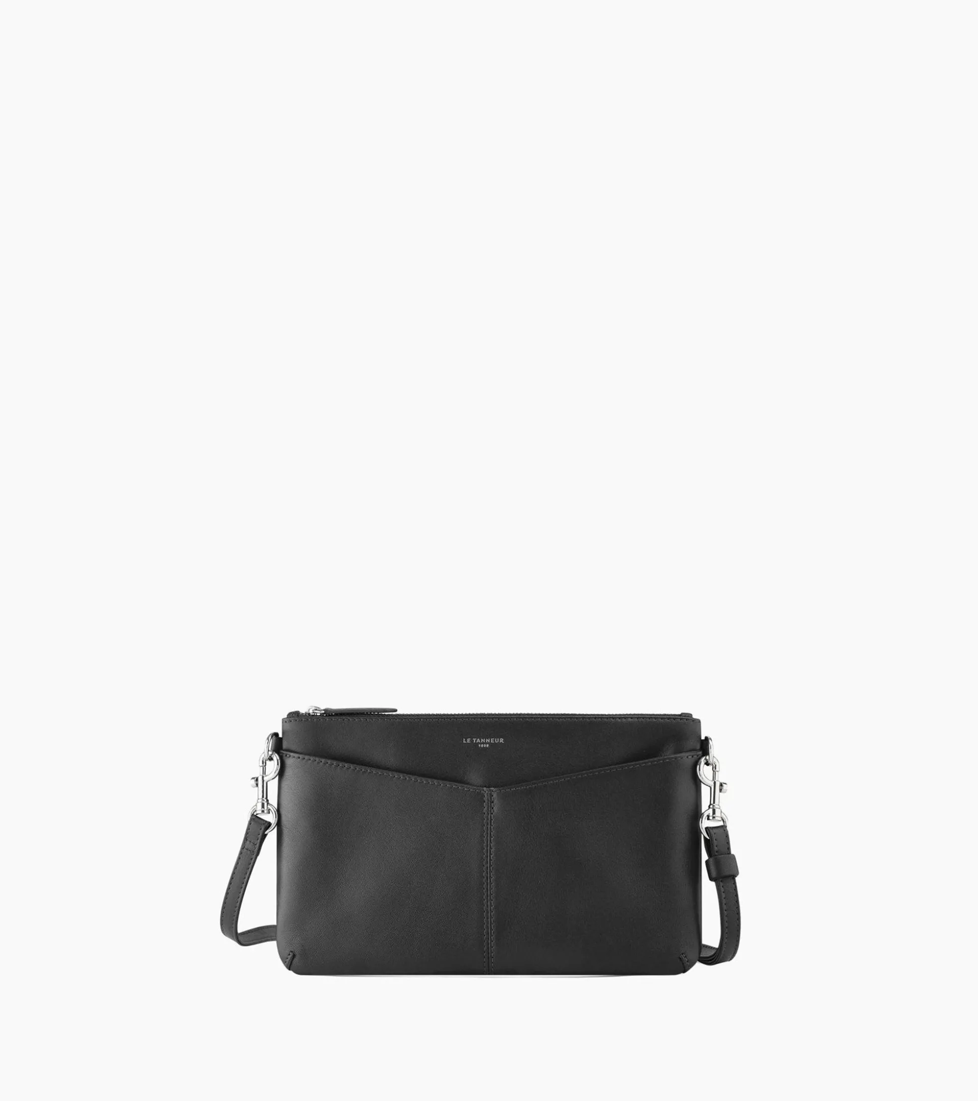 Pochette zippée avec bandoulière amovible Charlotte en cuir lisse - Black