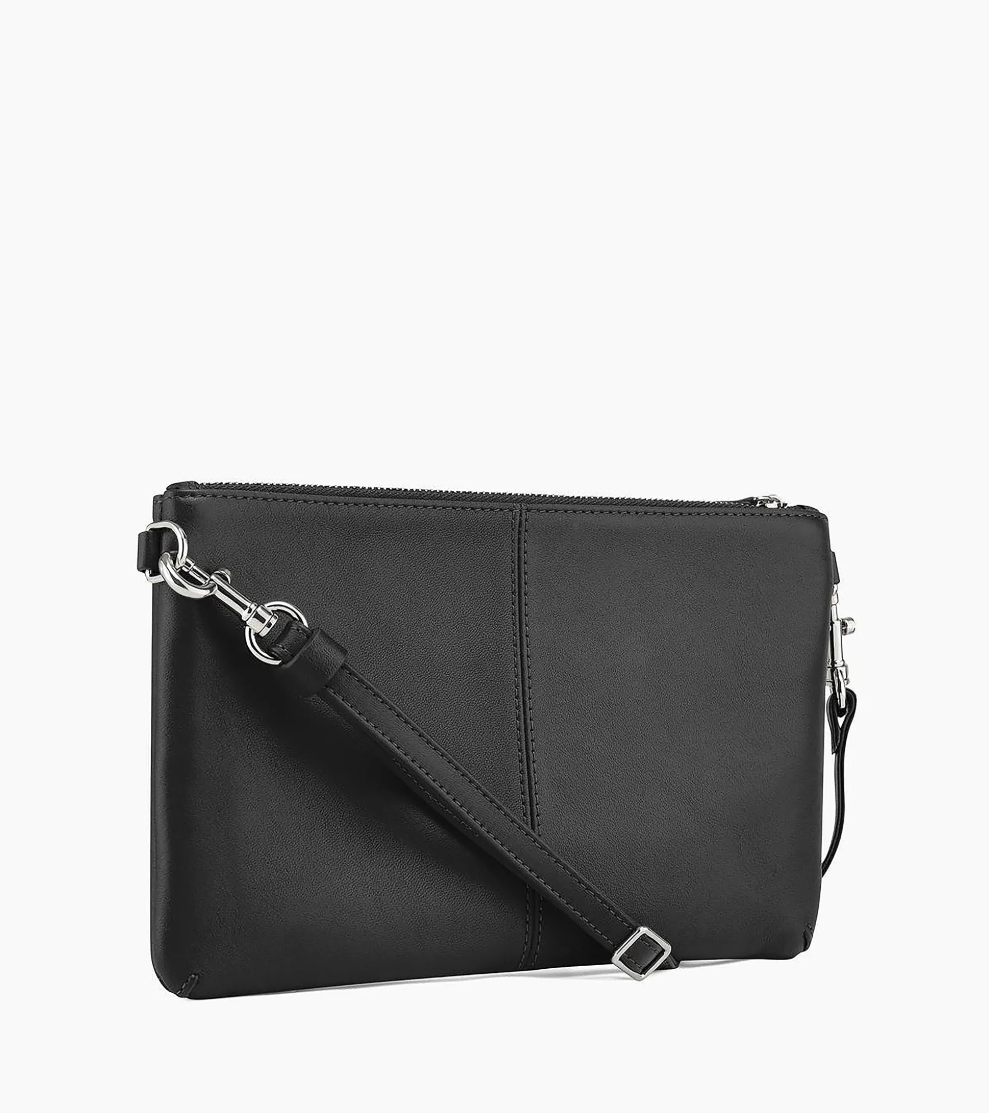 Pochette zippée avec bandoulière amovible Charlotte en cuir lisse - Black
