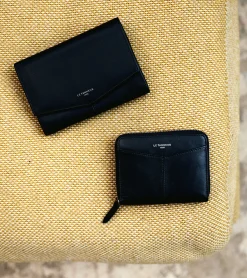 Porte monnaie zippé avec porte cartes amovible Charlotte en cuir lisse - Black