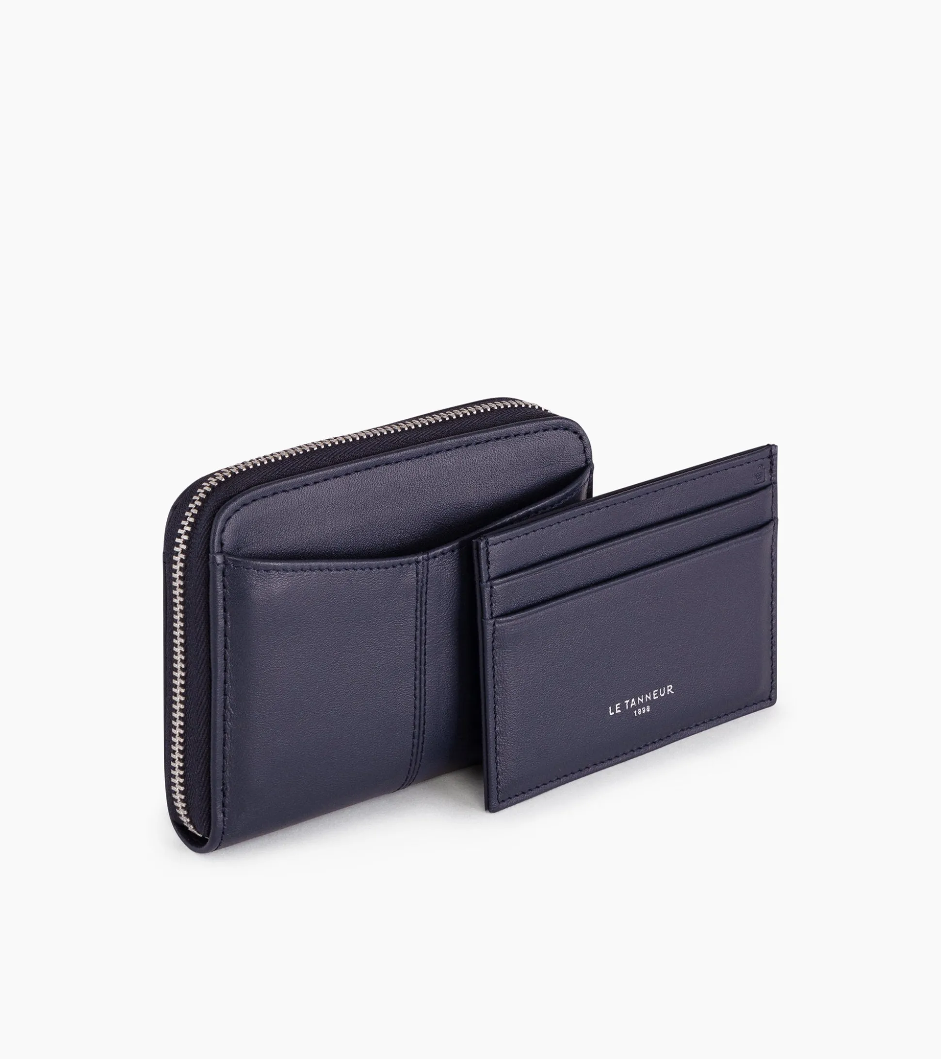 Porte monnaie zippé avec porte cartes amovible Charlotte en cuir lisse - Twilight Blue