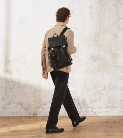 Sac à dos à rabat Maurice en toile enduite - Black