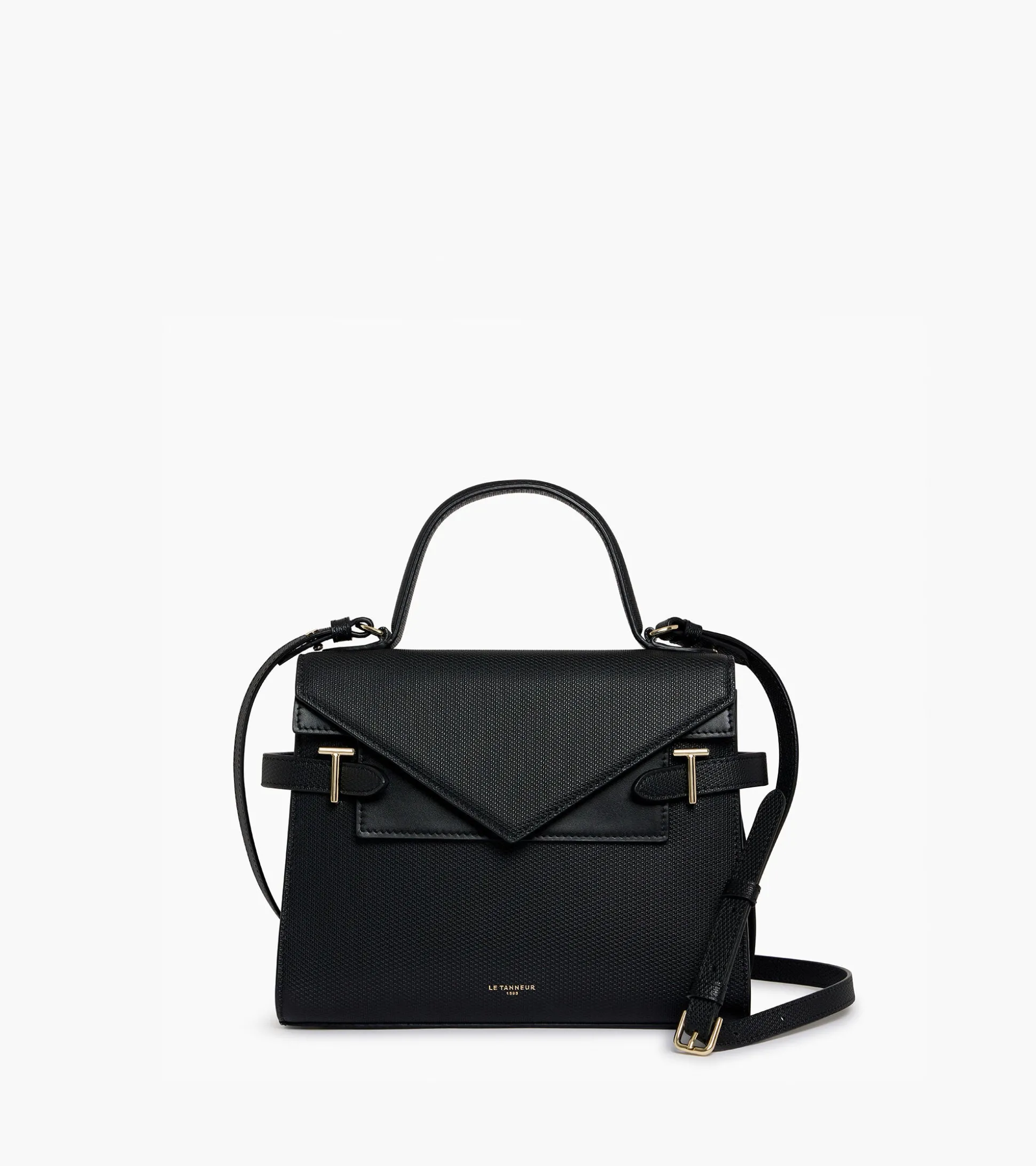 Sac à main double rabat moyen modèle Emilie en cuir signature T - Black
