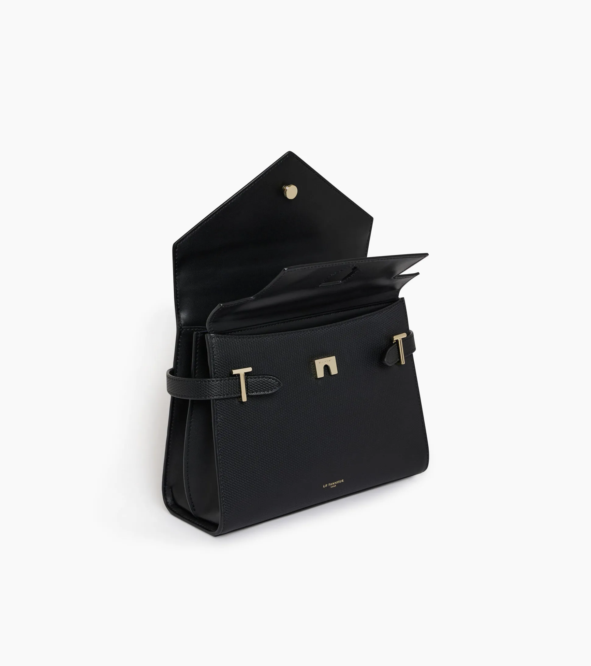 Sac à main double rabat moyen modèle Emilie en cuir signature T - Black