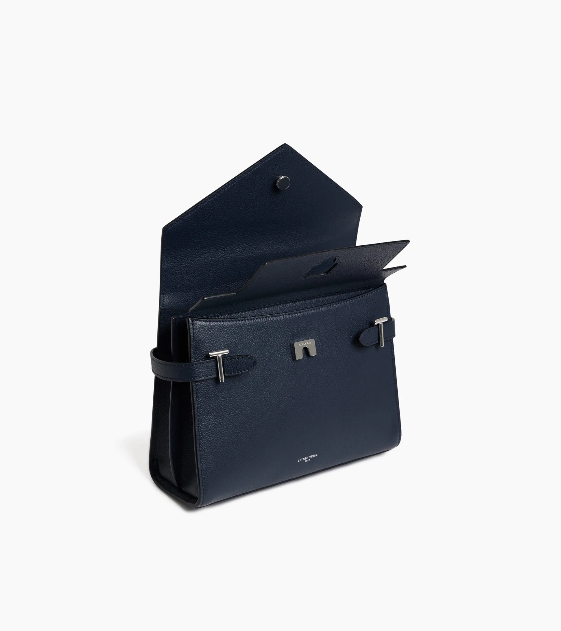 Sac à main double rabat moyen modèle Emilie en cuir grainé - Twilight Blue