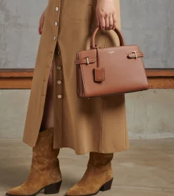 Sac à main moyen modèle Emilie en cuir grainé - Brown Tan