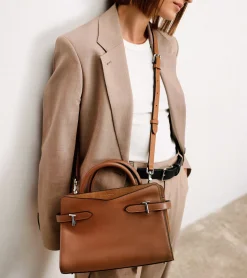 Sac à main moyen modèle Emie en cuir lisse et nubuck - TAN