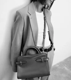 Sac à main moyen modèle Emie en cuir lisse et nubuck - BLEU ARGILE
