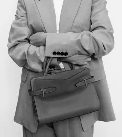 Sac à main moyen modèle Emie en cuir lisse et nubuck - BLEU ARGILE