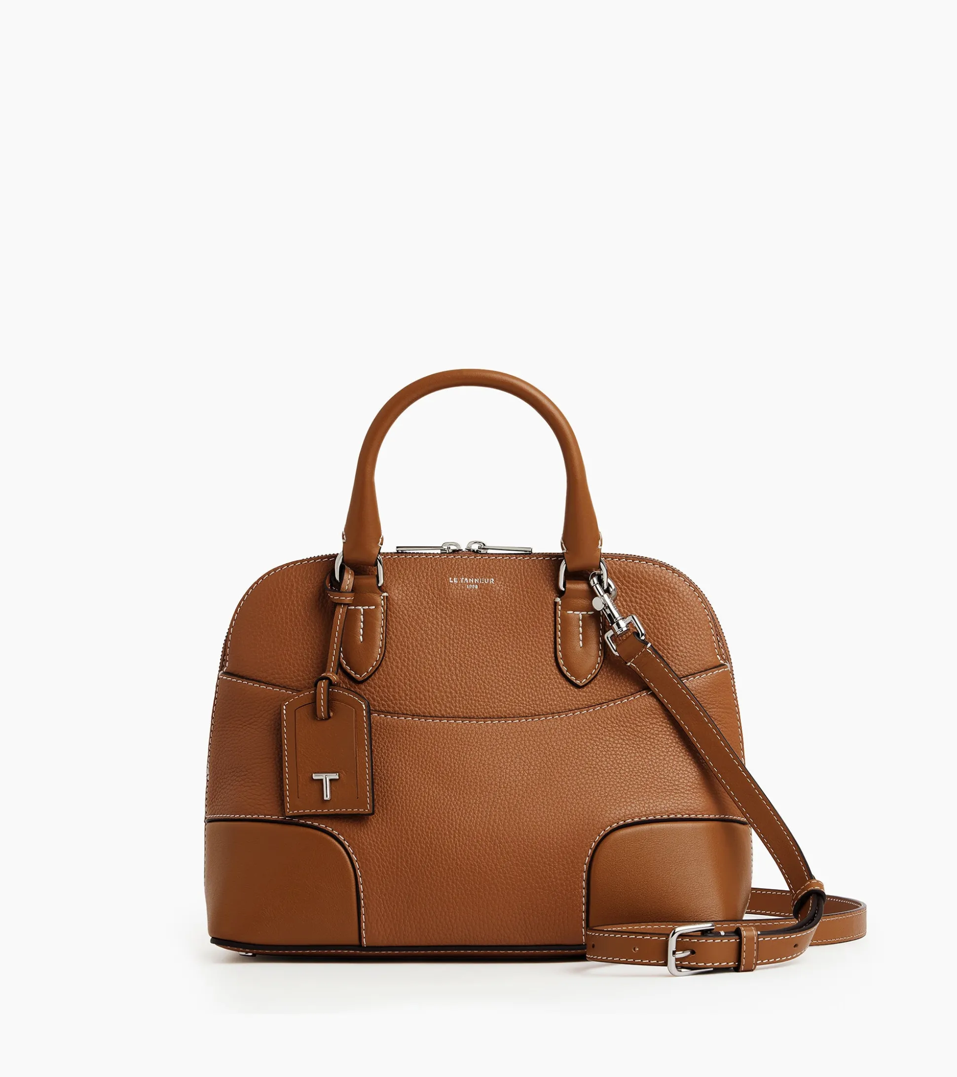 Sac à main moyen modèle Romy en cuir grainé et lisse - Brown Tan