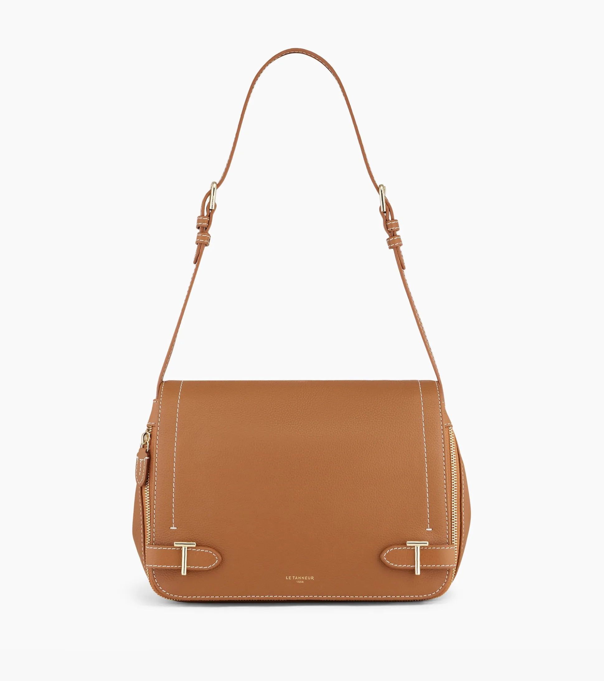 Sac bandoulière moyen modèle Simone en cuir grainé - Brown Tan