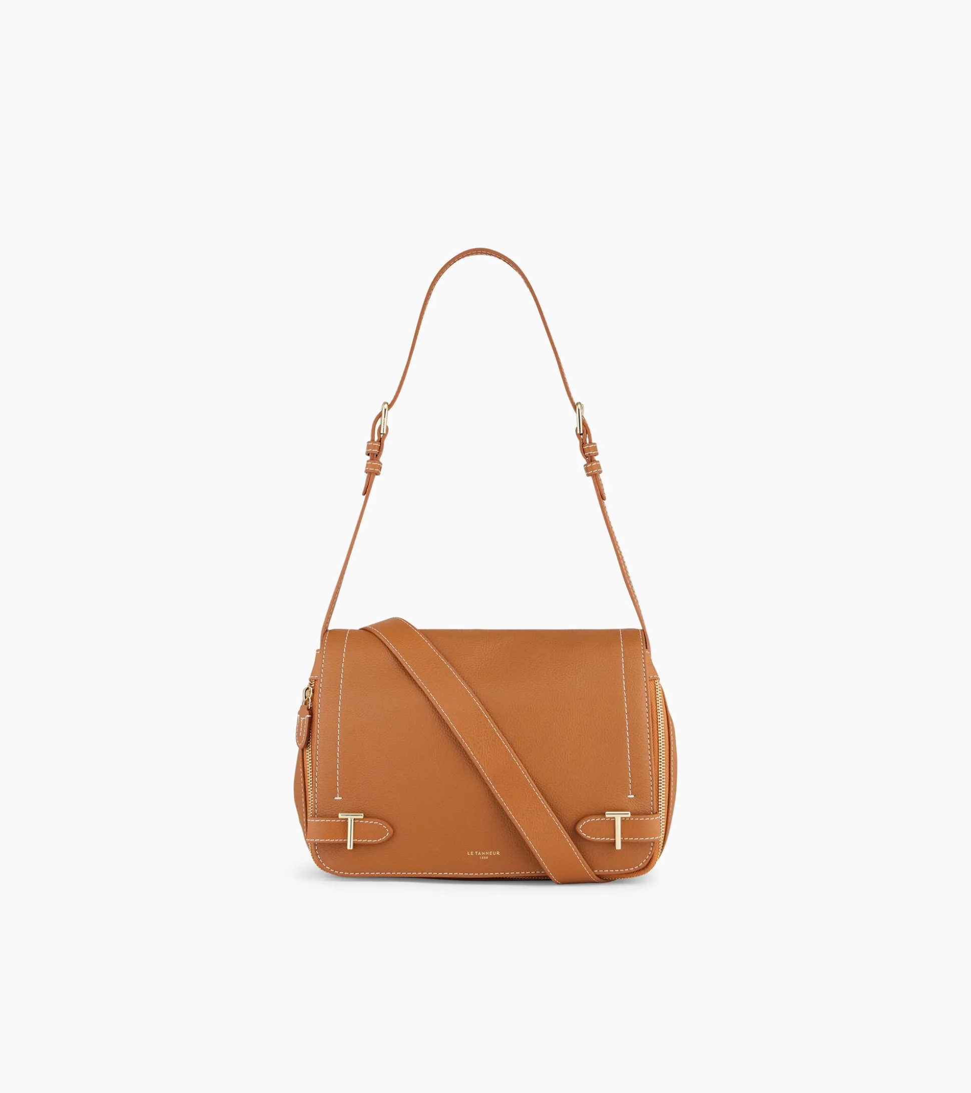 Sac bandoulière moyen modèle Simone en cuir grainé - Brown Tan